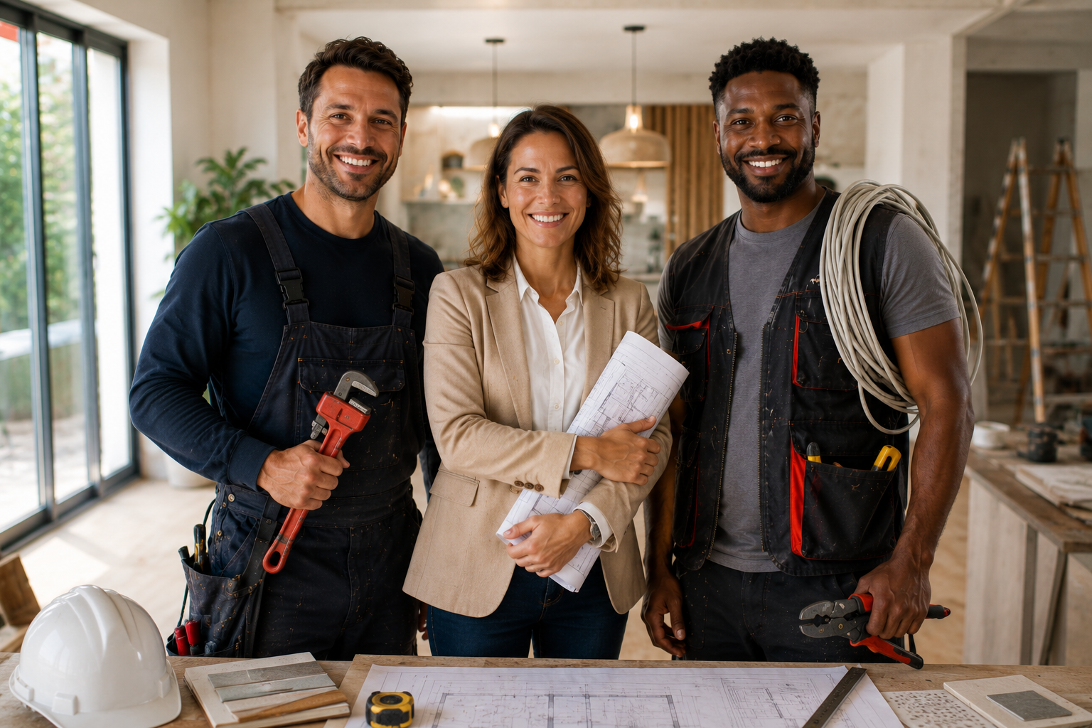 Artisan professionnel étudiant les plans d'un projet de rénovation